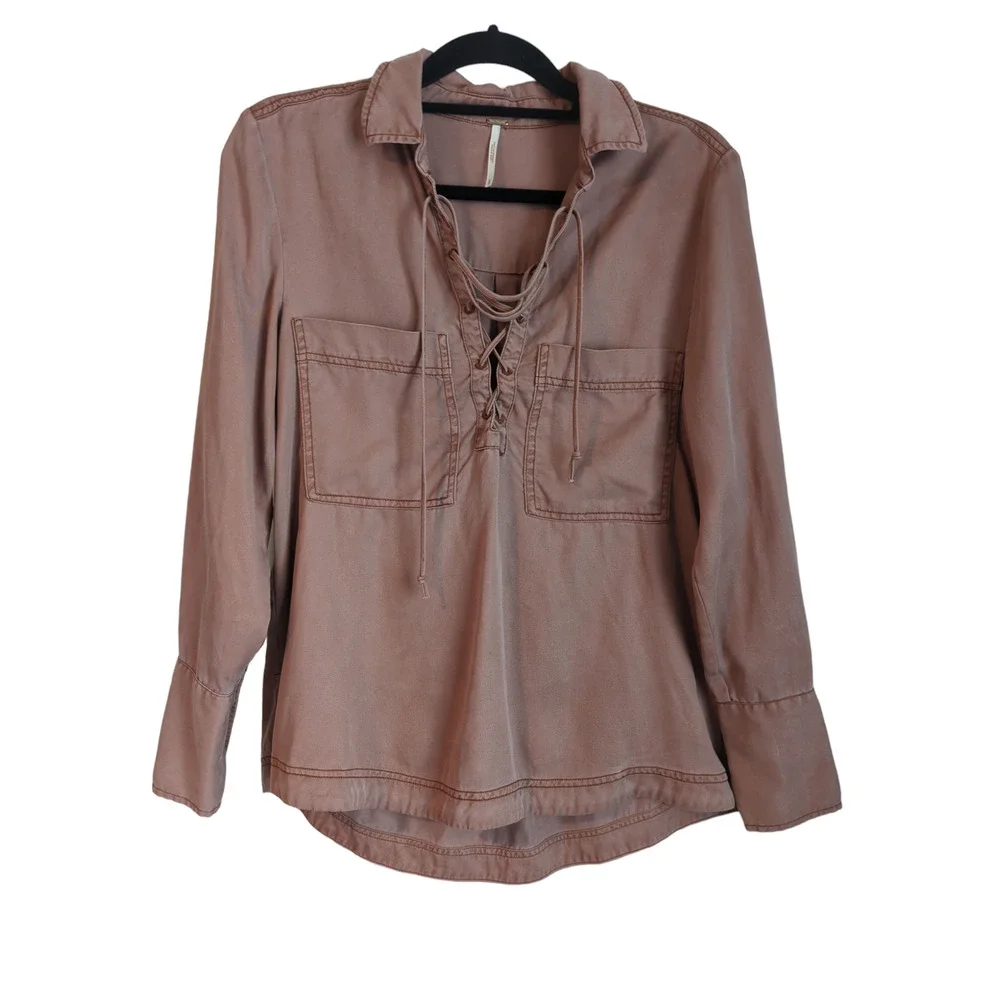 Free People Under Your Spell Tencel Blouse Long Sleeve Lace-Up Top Sz Small